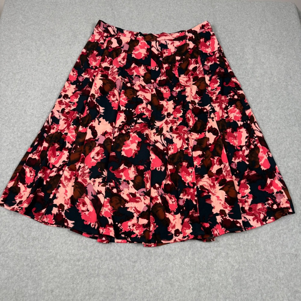Nine West XXL Pink Red Abstract Floral Pleated A-Line Modest Skirt Knee Length